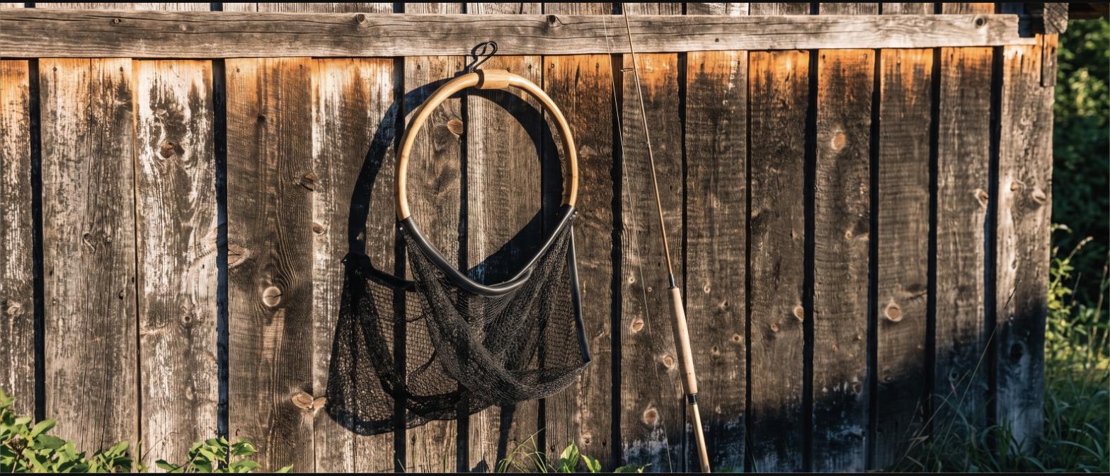 Wooden landing net with a dark rubber bag hanging on a weathered barn wall