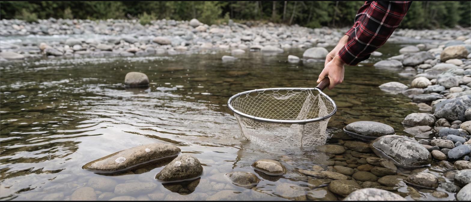 An angler lowering a landing net into a shallow stony river