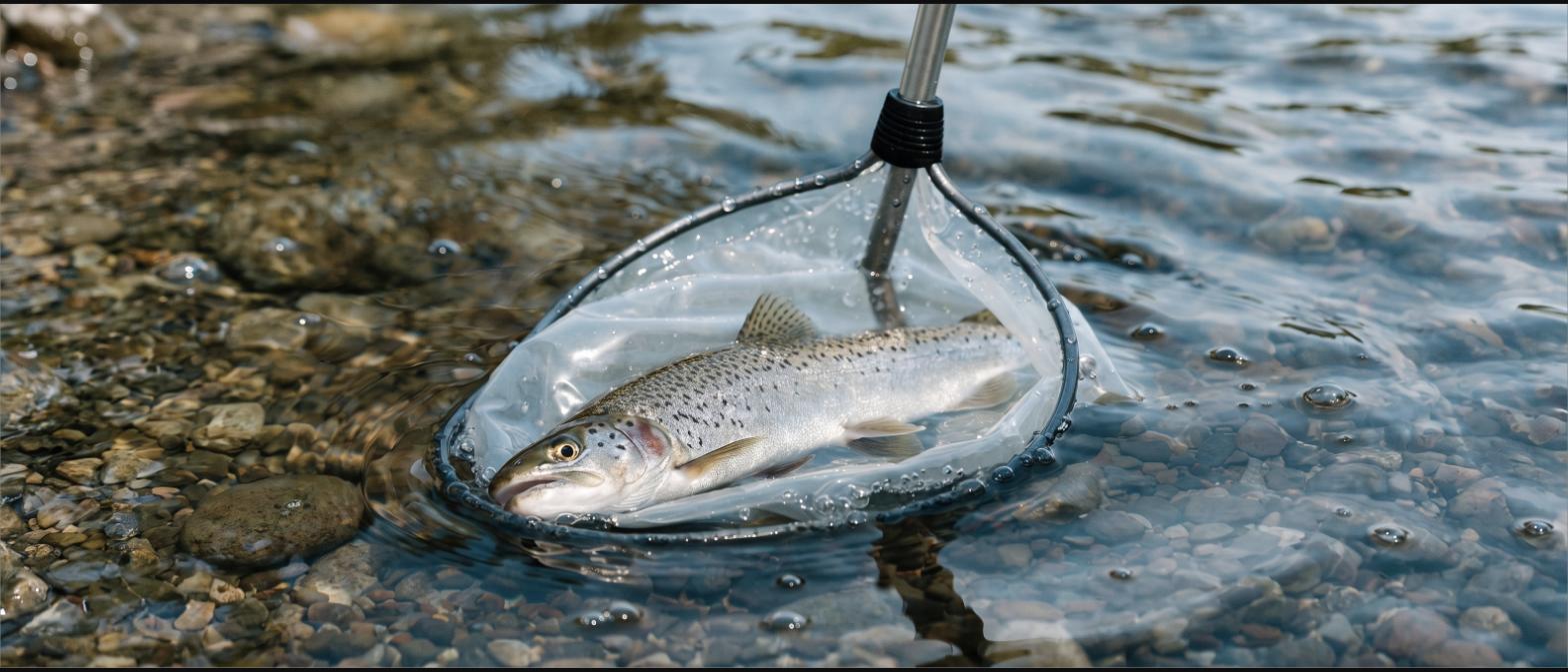 A trout resting in a clear rubber net bag just under the surface of a river